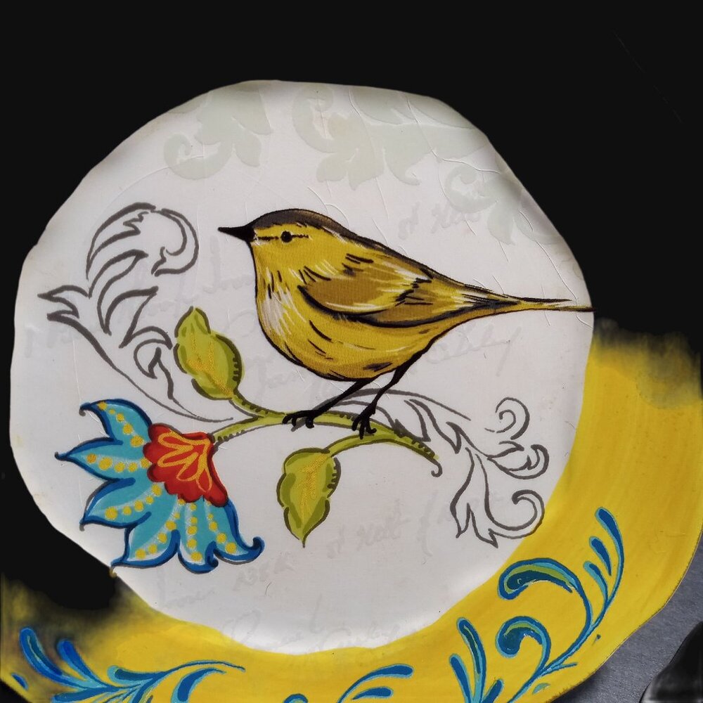 Ashland Michaels Folk Bird Plates Set Of 2 6 In Yellow Blue Shadow Script - Picture 4 of 9
